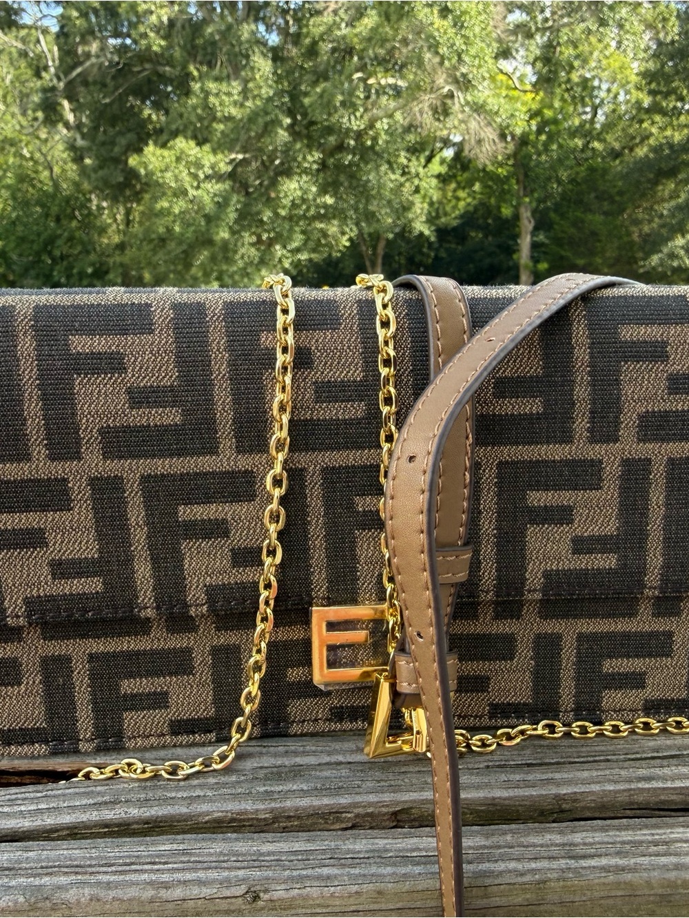 Zucca Canvas Wallet on a chain in Brown and Black with Gold Hardware - Picture 6 of 6